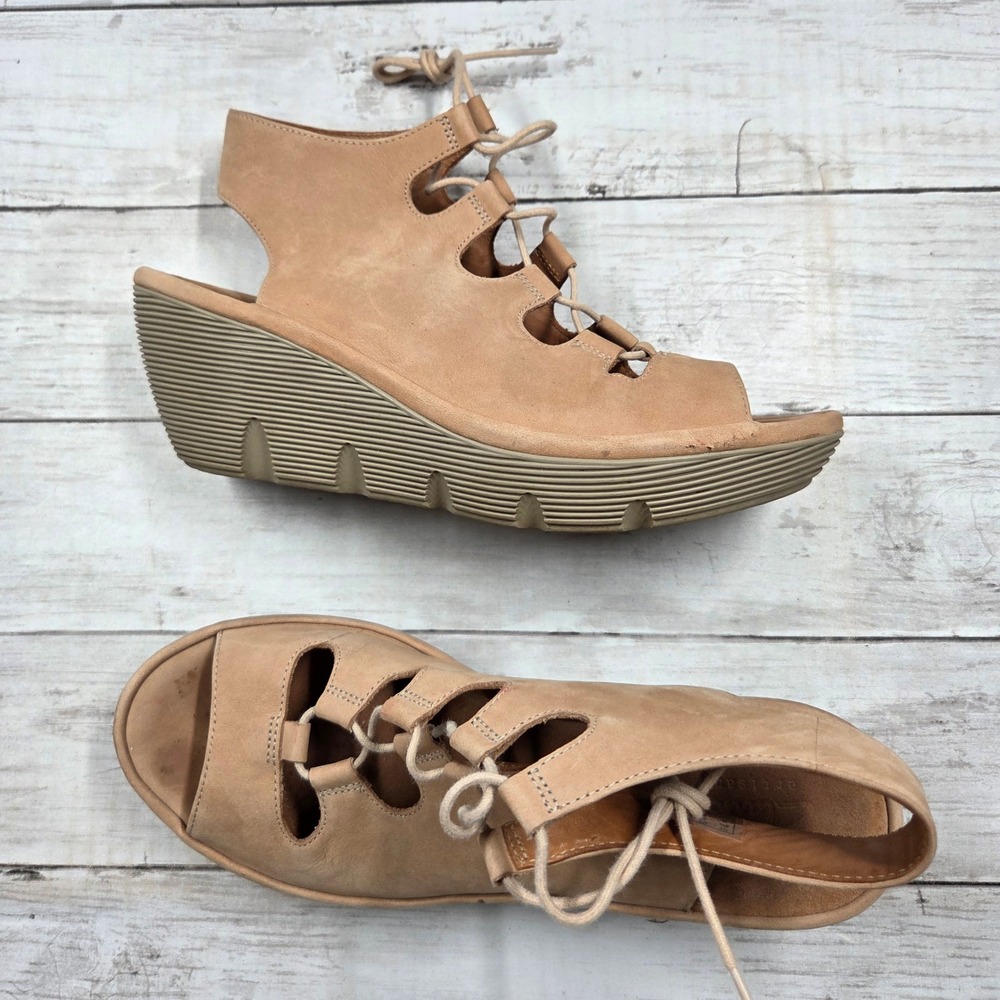 Clarks Clarene Wedge Sandal Womens 9 Tan Leather Lace Up‎ Platform 261249564065